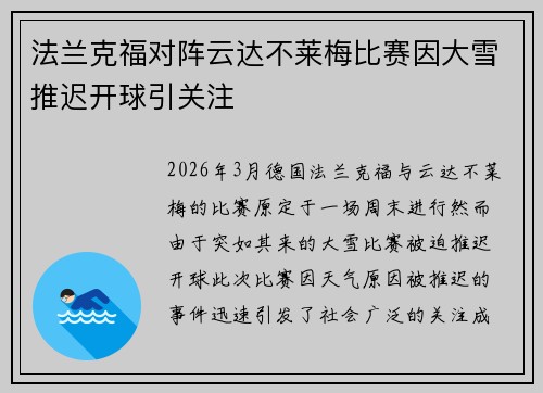 法兰克福对阵云达不莱梅比赛因大雪推迟开球引关注